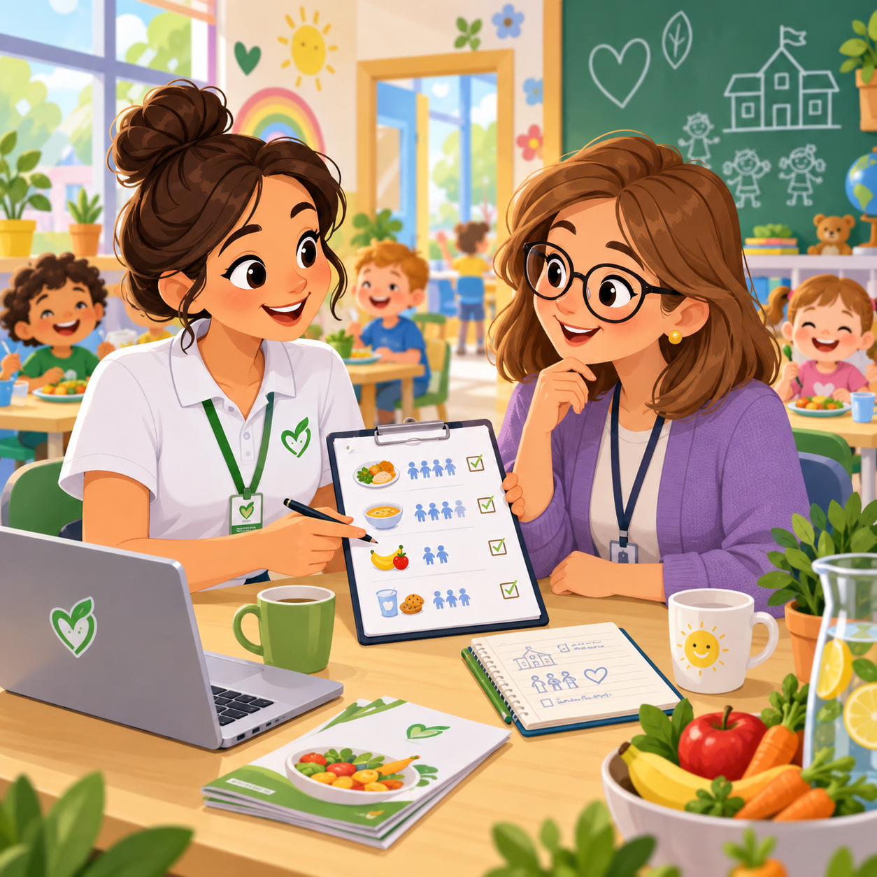 Reprezentant Happy Food discută cu personalul unei grădinițe despre necesarul de mese pentru copii.