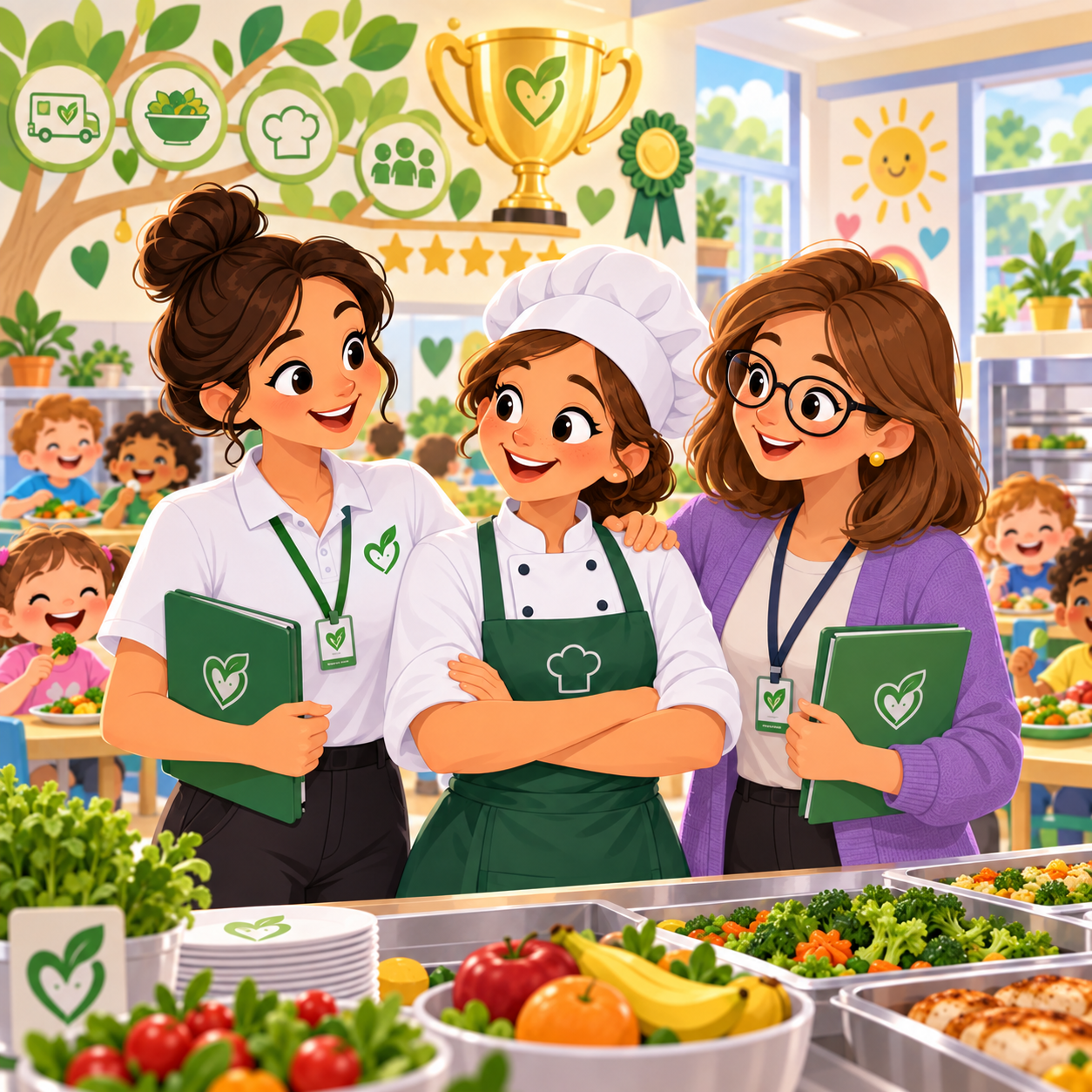 Echipa Happy Food alături de personalul unei grădinițe, cu experiență în catering pentru copii.