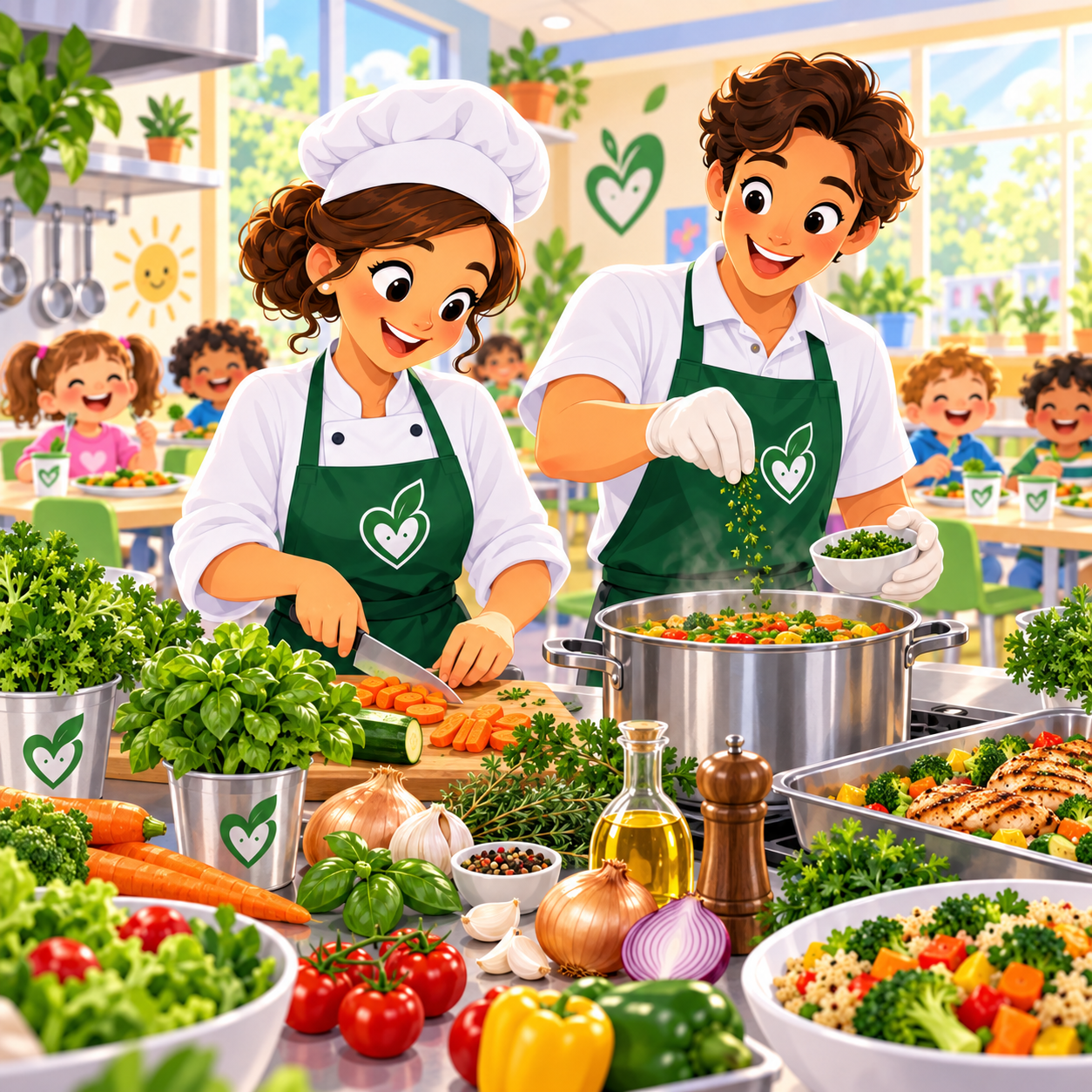 Prepararea naturală a meniurilor Happy Food cu legume, verdețuri și condimente.