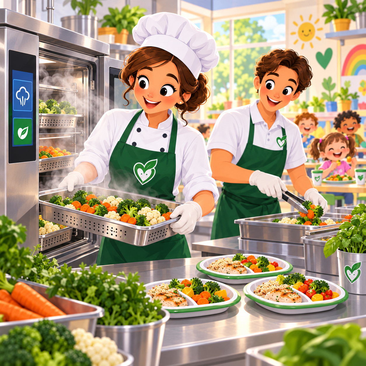 Prepararea legumelor la abur în bucătăria Happy Food pentru meniurile copiilor.
