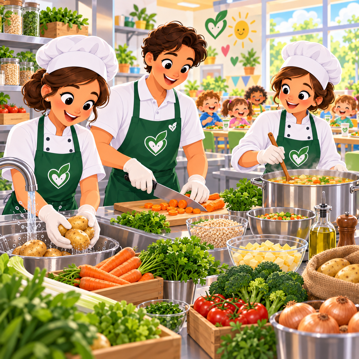 Echipa Happy Food pregătește mesele copiilor de la ingrediente alimentare de bază.
