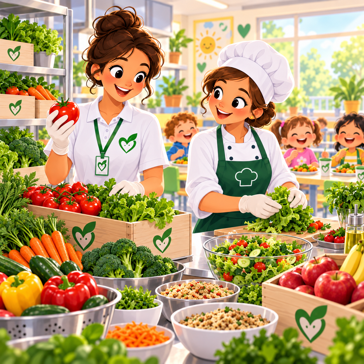 Echipa Happy Food pregătește meniuri pentru copii folosind legume și ingrediente proaspete.