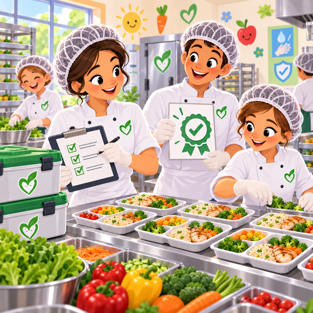 Echipa Happy Food verifică preparatele și respectarea standardelor de calitate și siguranță alimentară.