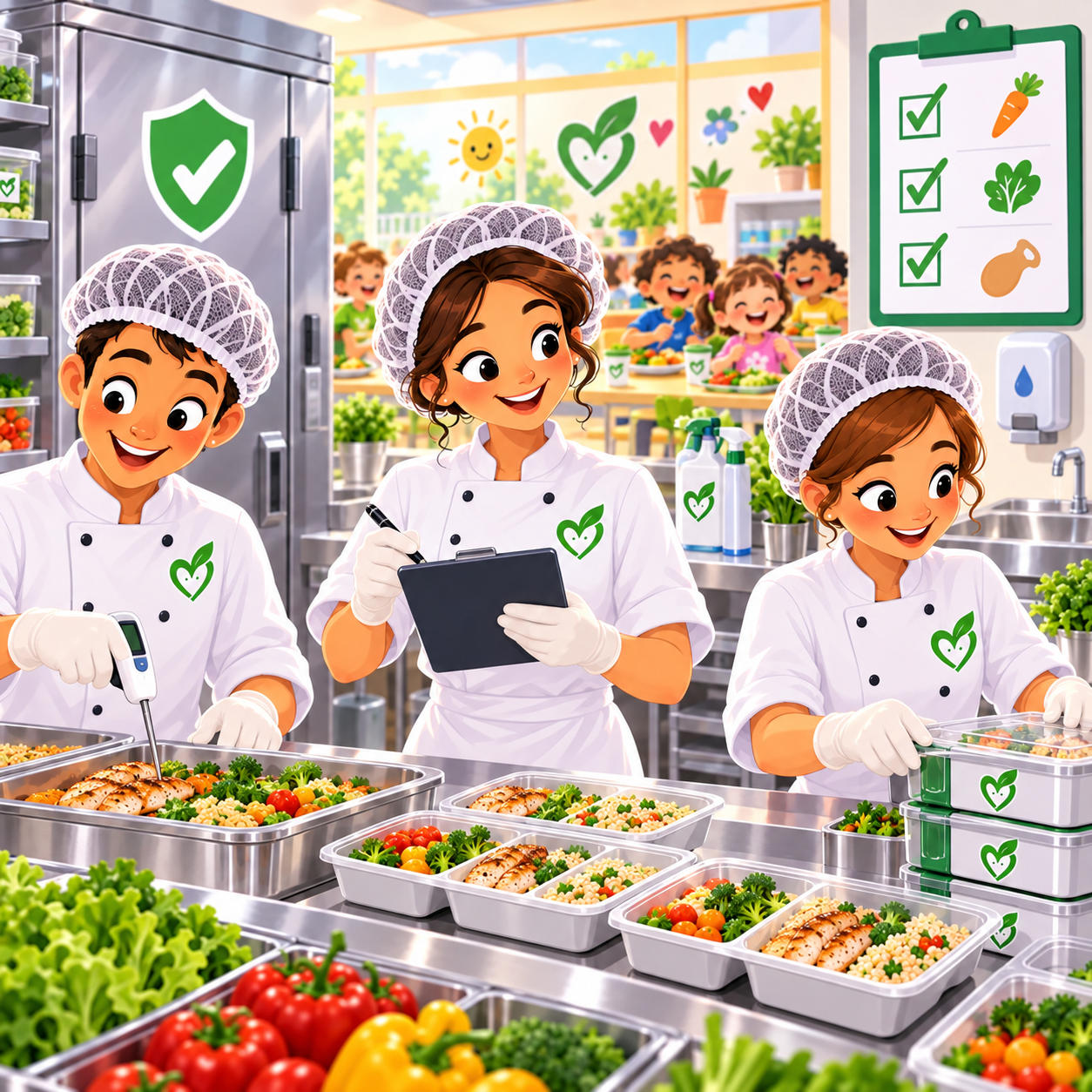 Echipa Happy Food verifică respectarea procedurilor de siguranță alimentară în bucătărie.